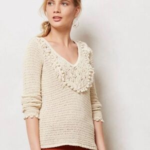 Anthropologie Angel Of The North Tonetta Pullover Sweater Lace Yoke Pom Poms XS